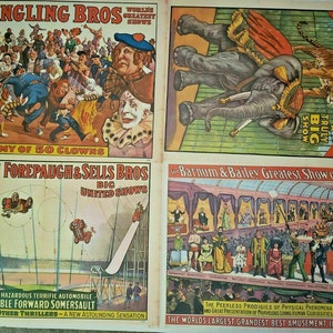 May include: Four vintage circus posters advertising Ringling Bros., Al G. Barnes Circus, Adam Forepaugh & Sells Bros. Big United Shows, and Barnum & Bailey Greatest Show on Earth. The posters feature colorful illustrations of clowns, elephants, tigers, and acrobatic acts.