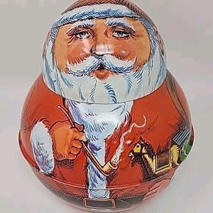 Vintage 1980 Bristle Ware Round Roly Poly Santa Tin Container U262