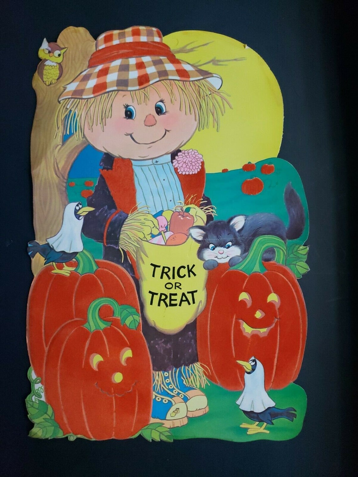 Vintage Flocked Halloween Die Cut Scarecrow Pumpkin Jack-o-lantern ...