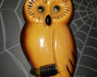 Vintage Halloween Brown Owl on Perch Hard Plastic Cake Decoration Topper 5"H NOS