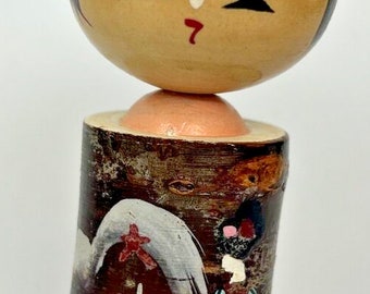 Vintage Japanese Kokeshi Hand Painted Bobble Head Doll About 4.25" SKU PB196/4
