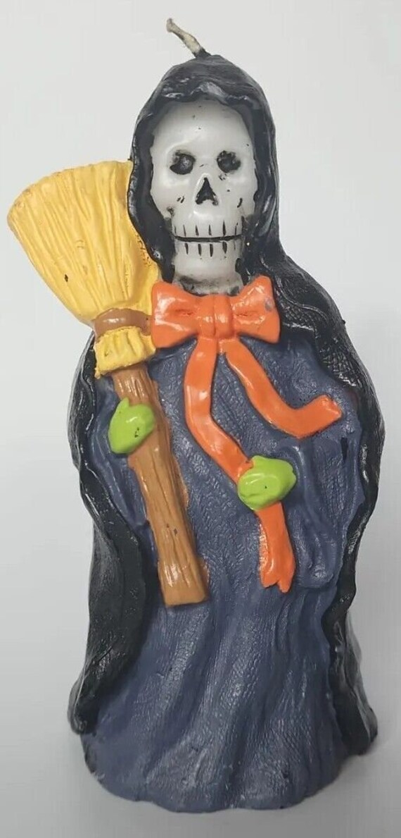 Vtg halloween grim reaper skeleton broom candle 7"