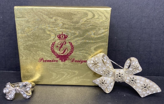 Vintage Premier Designs Jewelry Silver Tone Bow Brooch Ring Sku