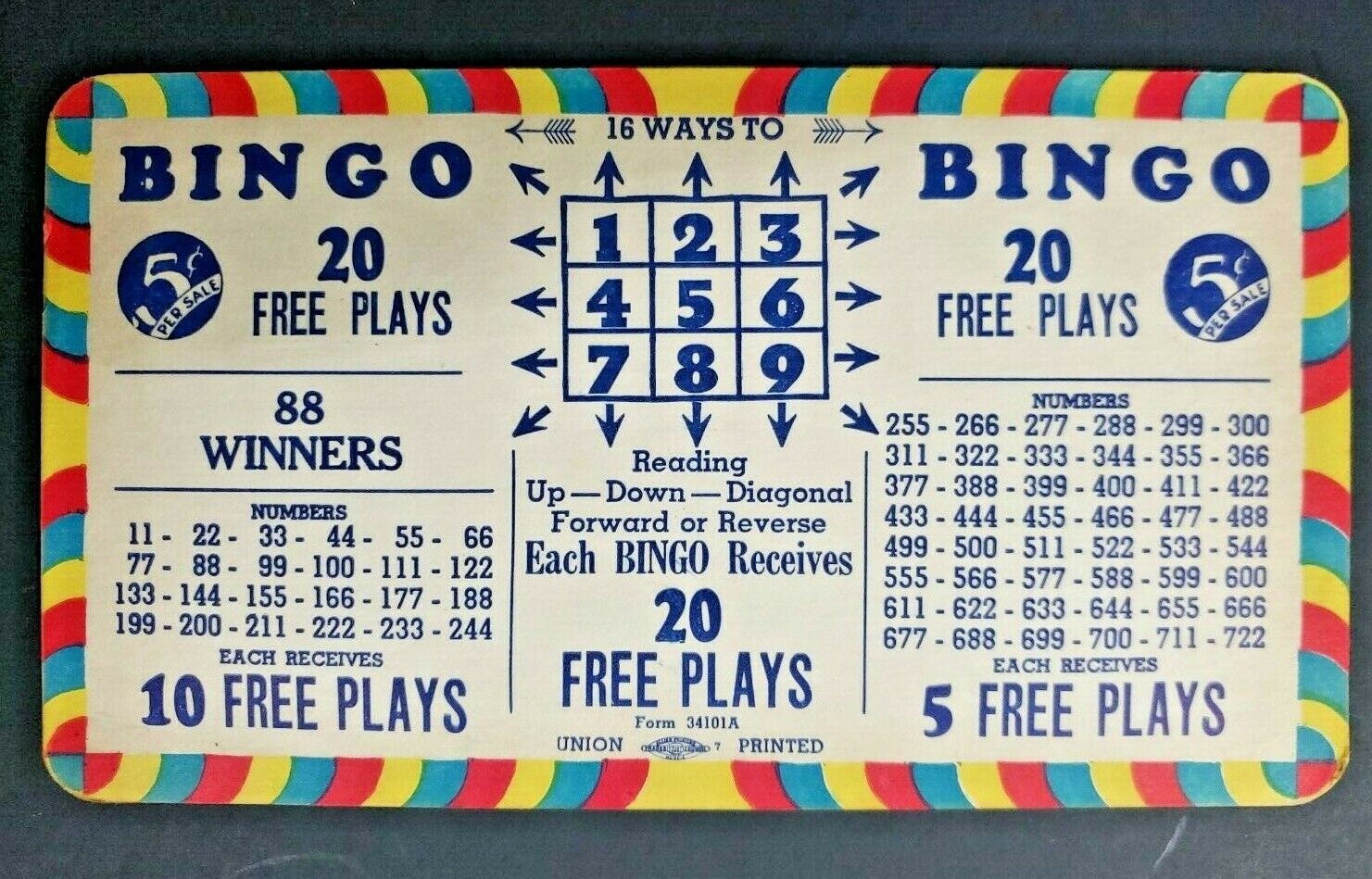 Bingo Winner Payouts 5 Cent Punch Board Gambling Display Card Etsy