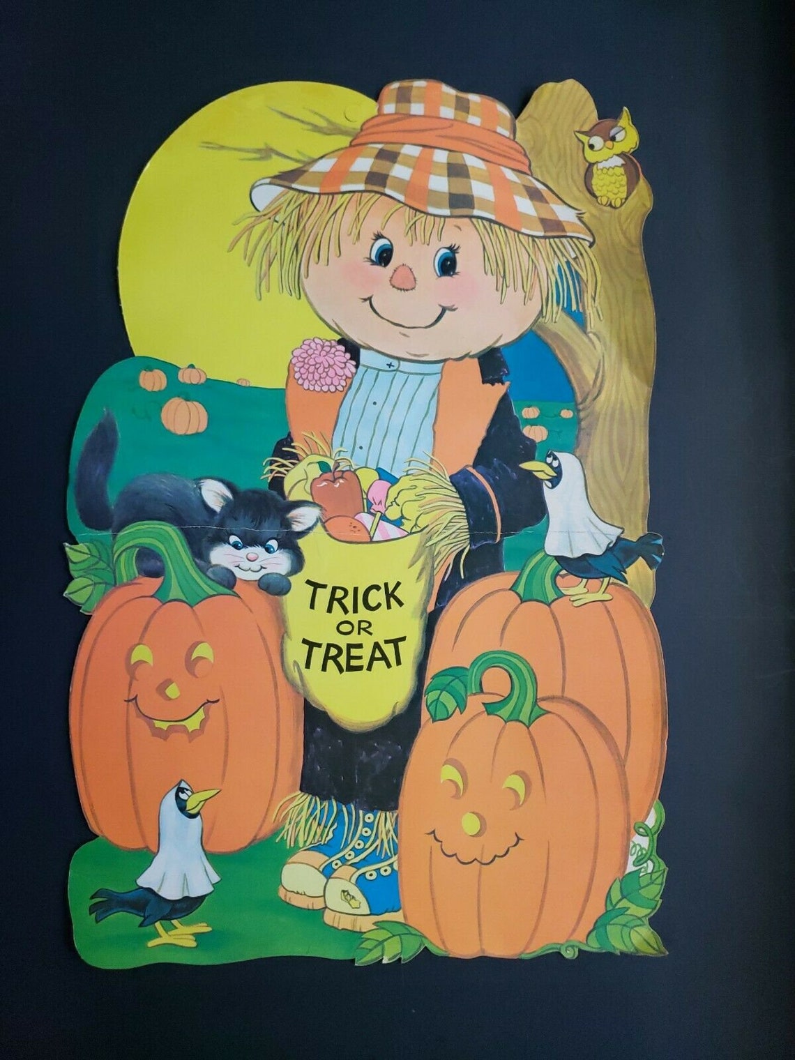 Vintage Flocked Halloween Die Cut Scarecrow Pumpkin Jack-o-lantern ...