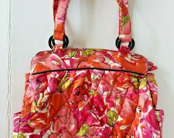 Vera bradley silk bright pink rose floral handbag purse htf larger bag u85/4