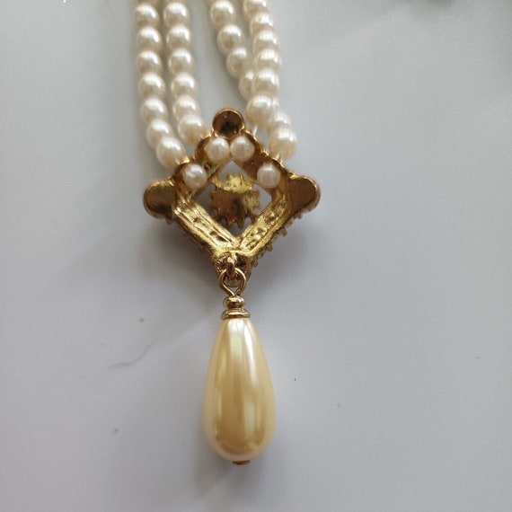 Vtg faux pearl double strand necklace rhinestones… - image 6