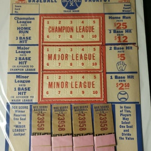 May include: A vintage baseball game card featuring "Champion League," "Major League," and "Minor League" sections. It has a "B Score" logo, game details, and "25p per play" text. Includes tear-off tickets.