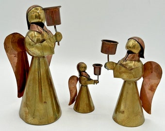 Vintage copper & brass angel candle holders set of 3 made in mexico sku u183