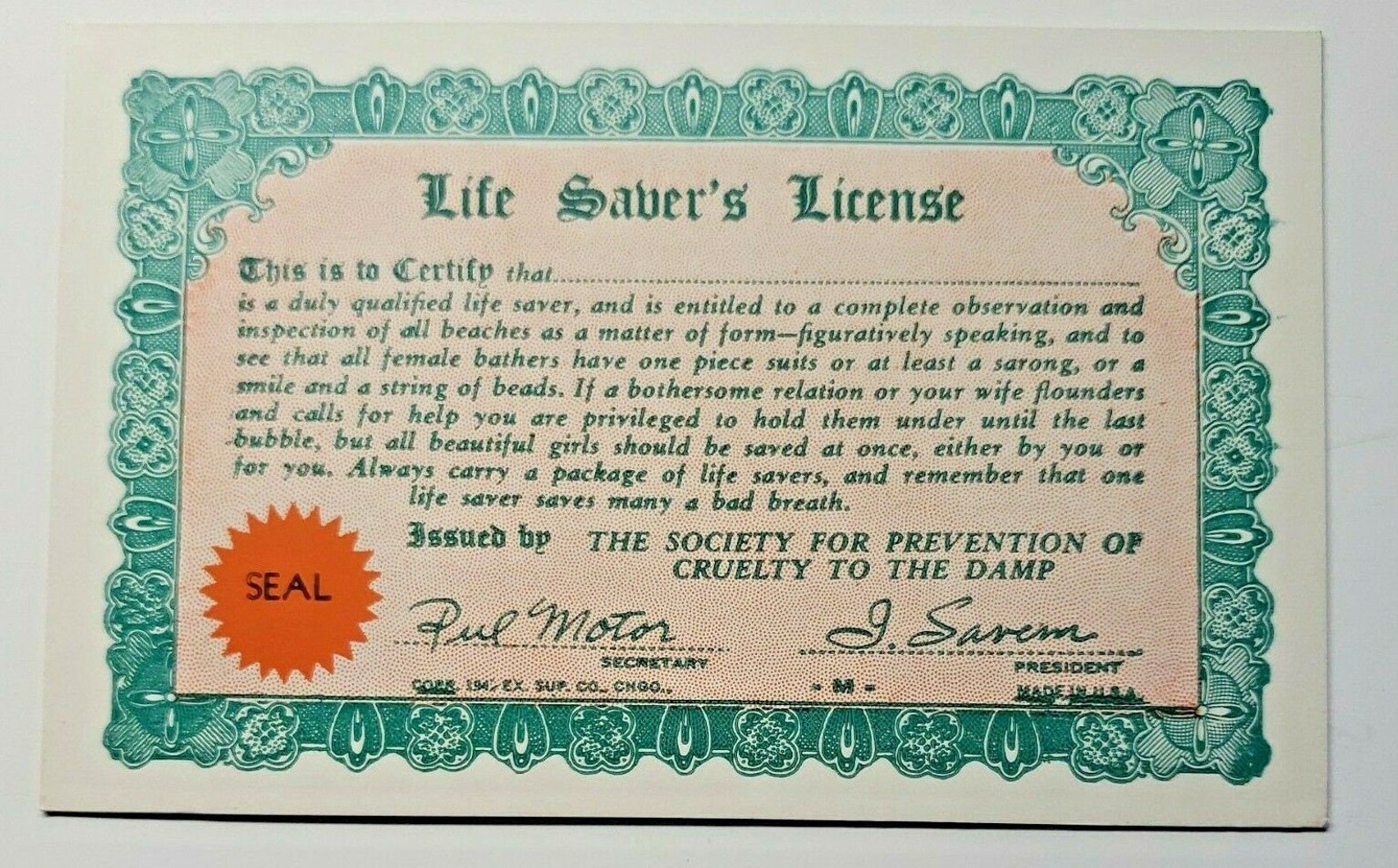 Vtg 1941 Gag Gift Card life Saber's License Exhibit Supply Co Chicago