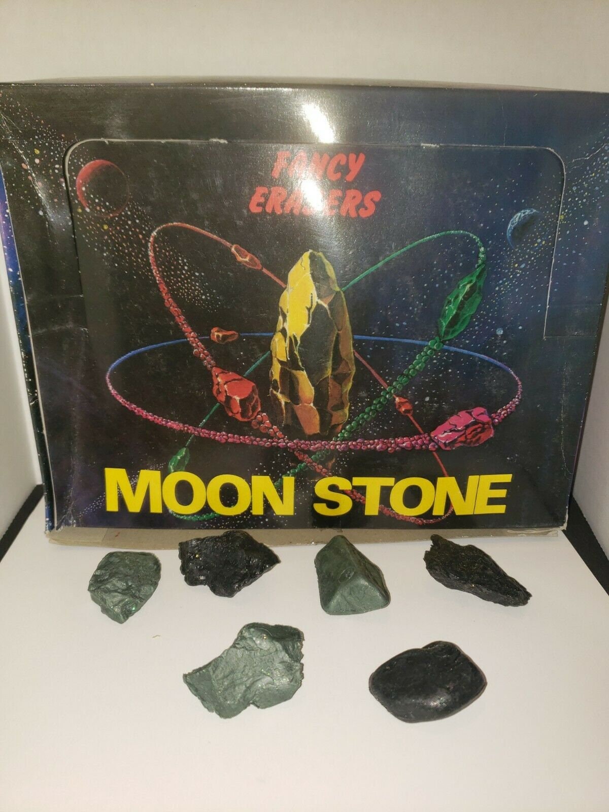 120 Erasers in Cardboard Display Case Vintage 1970s Moon Stone Fancy Erasers 