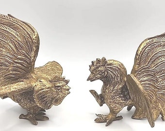 VTG Rare Pair of Brass Bronze Fighting Rooster Statues Figurines Art U141