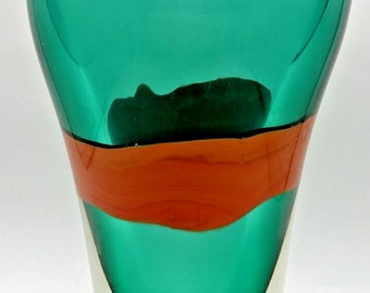 Vintage Murano Art Glass Teal and Orange Large 11" Tall .5" Wide Vase U256