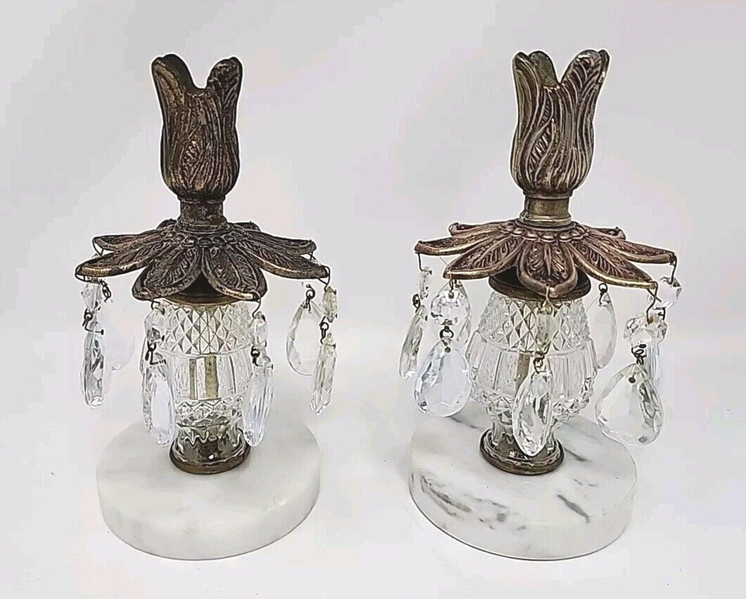 2 Vintage Mid Century Brass Crystal Candlestick Holders Marble