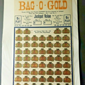 1940s Bag O Gold 5 Cent Play Jackpot Punch Board Gambling Unused Old Store Stock