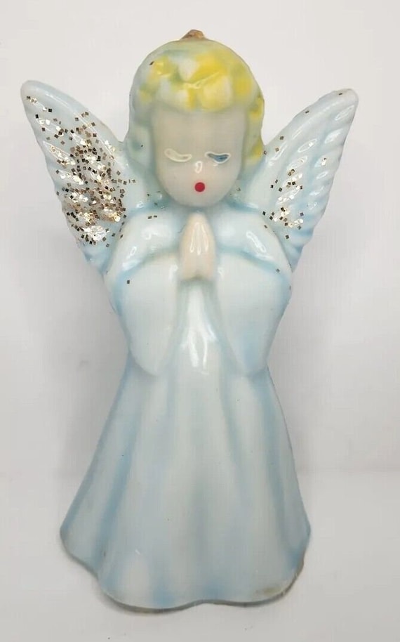 Vintage gurley blue praying angel w glitter christ