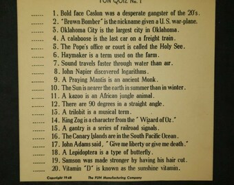 Vintage 1950's True or False Game Sheet 7" x 5" Fun Mfg Co Naperville IL NOS