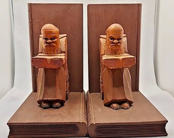 Old Man Sitting Reading Hand Carved Wood Bookends Set Folk Art Craft U190