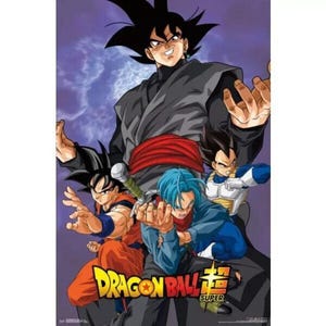 May include: A poster featuring four characters from the anime Dragon Ball Super. The characters are Goku Black, Vegeta, Future Trunks, and Goku. Goku Black is in the center of the poster and is wearing a black and red outfit. Vegeta is to the right of Goku Black and is wearing a blue and white outfit. Future Trunks is to the left of Goku Black and is wearing a blue and white outfit. Goku is in the bottom left corner of the poster and is wearing a blue and orange outfit. The poster has the text "Dragon Ball Super" in the bottom center.