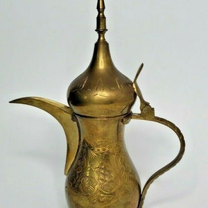 Mid Eastern Dallah Coffee Pot Chased Brass Crossed Swords Islamic Boudoin Signed
