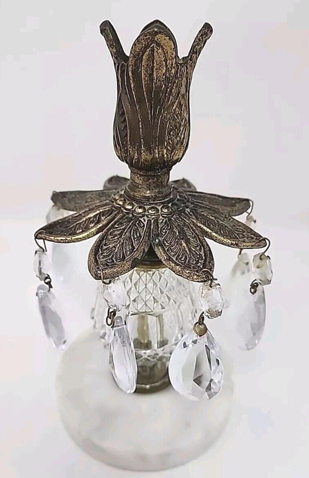2 Vintage Mid Century Brass Crystal Candlestick Holders Marble