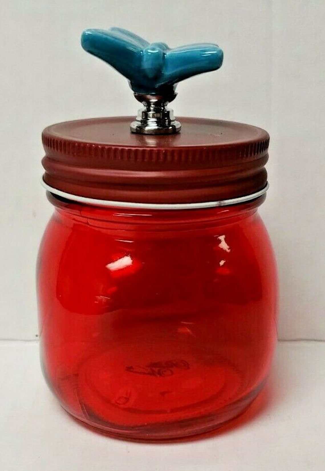 Pioneer woman red storage jar with blue butterfly screw on lid Etsy