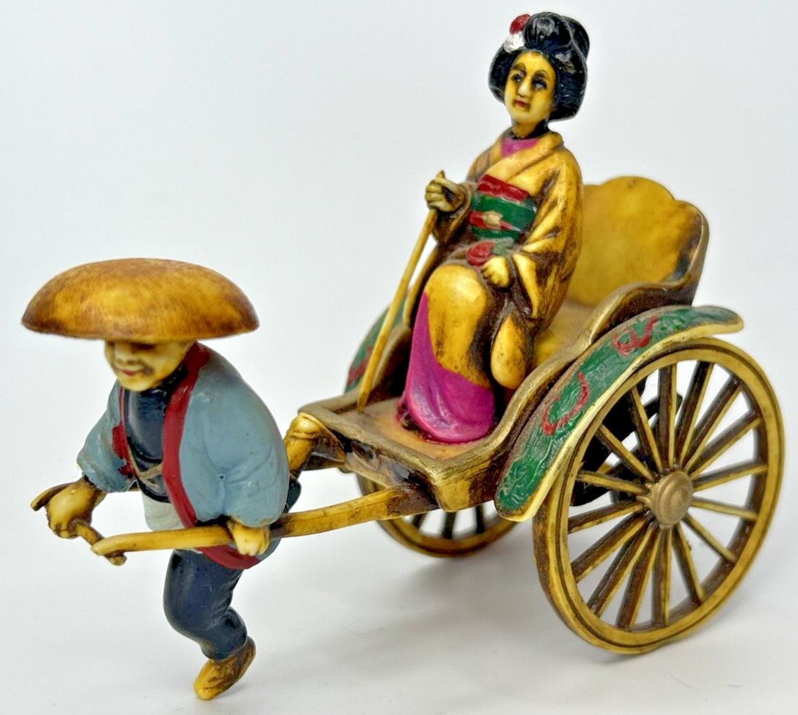 Vintage Japanese Figurine of Geisha in a Rickshaw, 1930s Celluloid