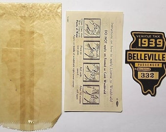 1939 City of Belleville Illinois Vehicle License Window Sticker Decal PB137