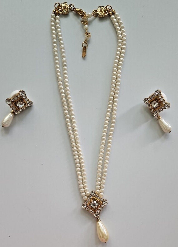 Vtg faux pearl double strand necklace rhinestones… - image 1