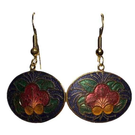 Vintage Cloisonné Sideways Oval Dangling Earrings J18-33