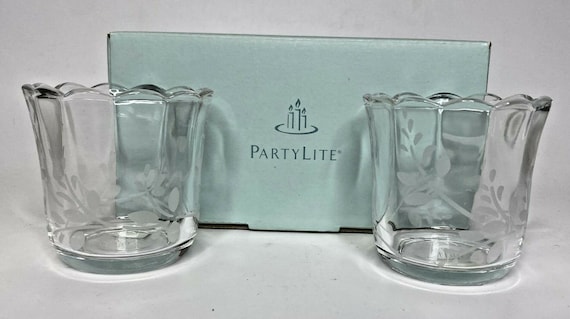 Vintage Retired Partylite Herbal Spring Etched Votive Holder Pair Retired NIB P15E/P8469