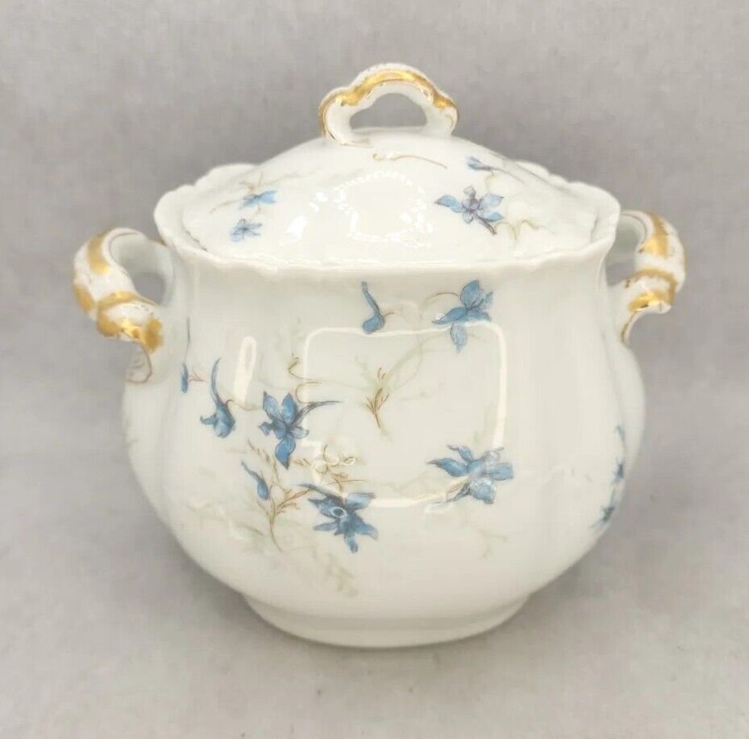 Vintage Haviland China Limoges Over Sized Sugar Bowl W Lid Blue Floral