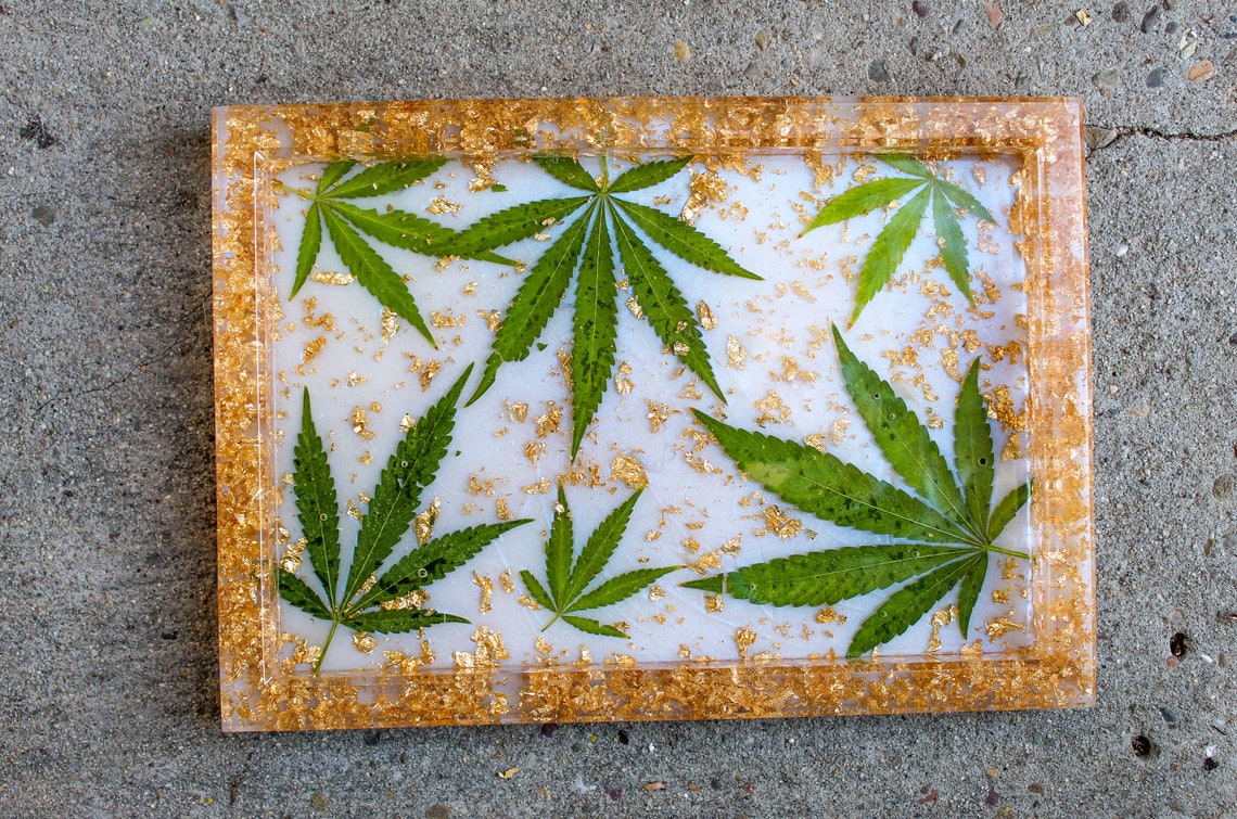 Weed Leaf Resin Rolling Tray with Gold Flakes Etsy