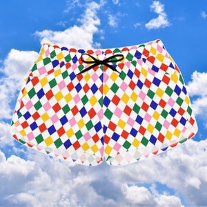 Clowncore shorts, rainbow harlequin casual drawstring shorts for gen z