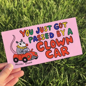 Funny clowncore gen z bumper sticker, clown car possum 7.5 x 3.75 sticker