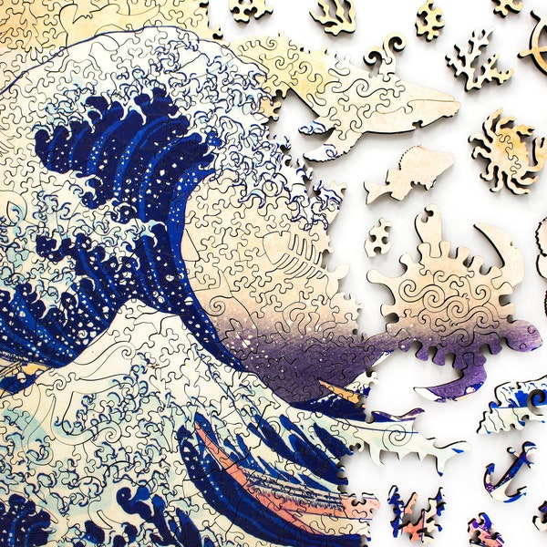 Die große Welle vor Kanagawa Puzzle für Erwachsene | Hokusai Japanisches Kunstwerk | Premium Holzpuzzle 648 Teile | Schweres Puzzle