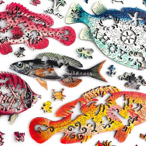 Fish Wooden Jigsaw Puzzle Shaped Like 5 Fishes for Kids Teens and Adults | 341 Piece Colorful Whimsy Puzzle Gift for Family Time