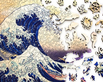 Rompecabezas de la gran ola de Kanagawa para adultos / Obra de arte japonesa de Hokusai / Rompecabezas de madera premium 648 piezas / Rompecabezas difícil
