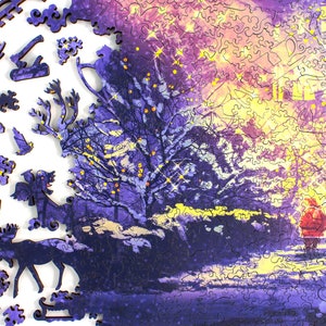 Puzzle natalizio in legno accogliente da 586 pezzi per adulti / Babbo Natale in un vicolo innevato / Con tanti dettagli fatti a mano