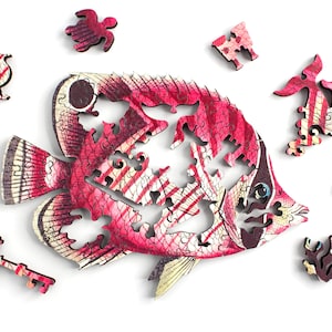 Fish Wooden Jigsaw Puzzle - Chaetodon Red and Pink Tropical Fish - Challenging puzzle game for children and adults