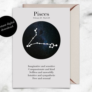 Pisces starsign, zodiac sign, constellation digital card |  birthday card, instant download, printable, vector, stars, galaxy