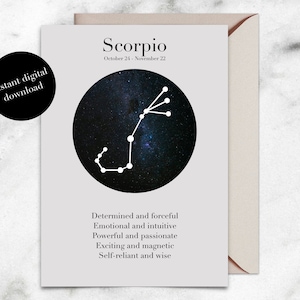 蠍座の星座、星座、星座のデジタルカード | 誕生日カード、即時ダウンロード、印刷可能、ベクター、星、銀河