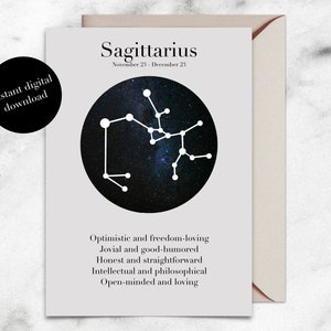 射手座の星座、星座、星座のデジタルカード | 誕生日カード、即時ダウンロード、印刷可能、ベクター、星、銀河