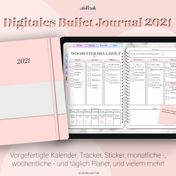 2021 Digitales bullet journal Deutsch Pastell rot Mamorhintergrund | Bujo, Planer, GoodNotes, Notability, PDF, Hyperlinked,Digibujo,Kalender