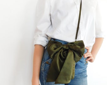 Olive Green Satin BOW Crossbody Bag, Cellphone Purse, Small ShoulderBag, Evening Bag, Waist Bag