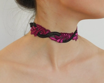 French Lace Choker/Fuchsia Black Lace Choker, Hair Accessoires/Dance Accessories/Lace Necklace