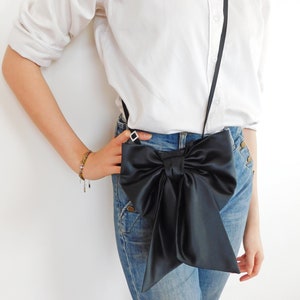 Black Satin BOW Crossbody Bag, Cellphone Purse, Small ShoulderBag, Evening Bag, Waist Bag image 3