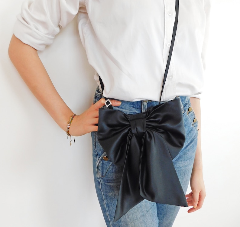 Black Satin BOW Crossbody Bag, Cellphone Purse, Small ShoulderBag, Evening Bag, Waist Bag image 3