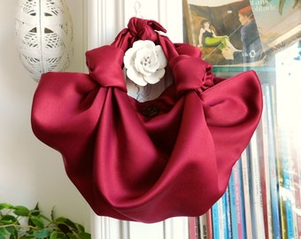 Kleine/große Burgund Satin Furoshiki Knot Handtasche/kleine Handtasche/Satin Handtasche/Burgundy Handtasche