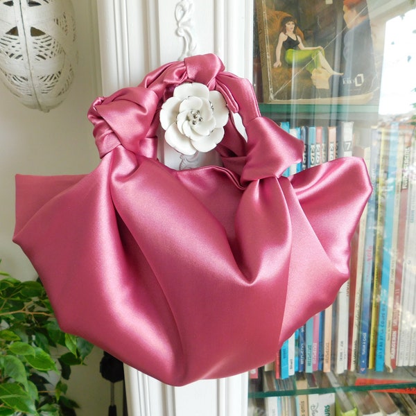 Petit sac à main avec nœud en satin rose métallique Furoshiki/Petit sac à main/Sac à main en satin/Sac à main rose
